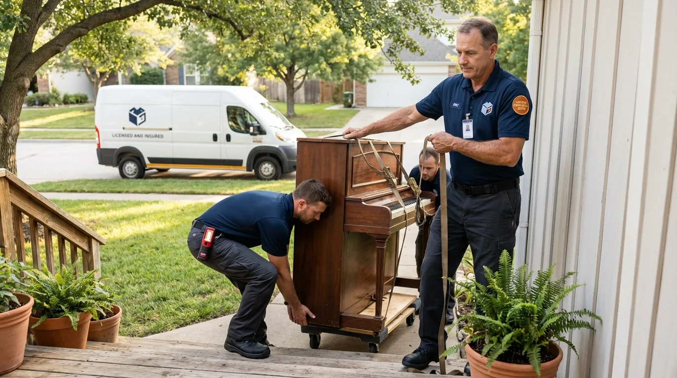 Licensed piano movers securing grand piano in Carleton, MI