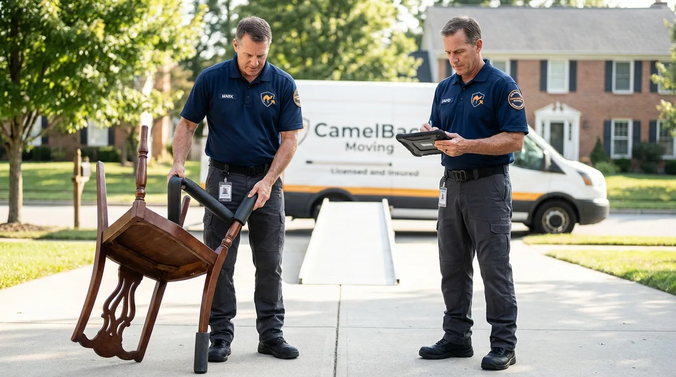 Movers inspecting furniture for damage prevention before loading in Carleton, MI