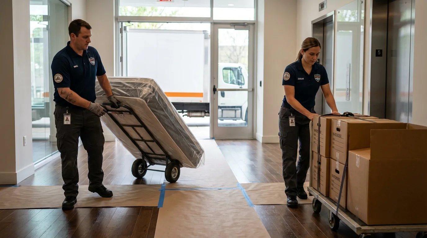 Professional apartment movers loading elevator in Carleton, MI