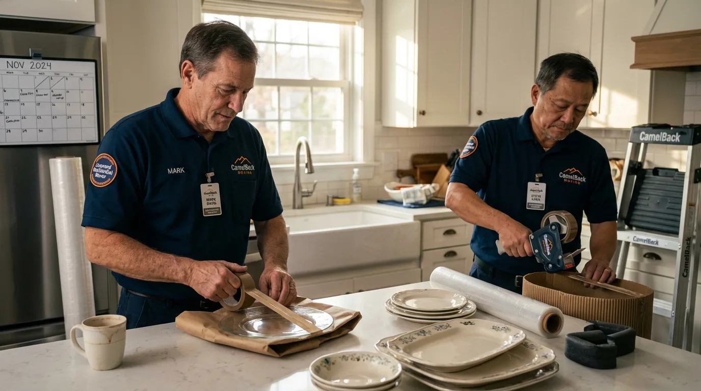 Professional crew packing kitchen dishware in Carleton, MI